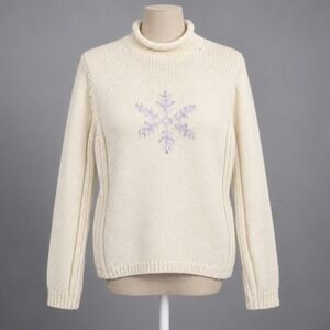 Vintage 90s Winter Snowflake Sweater Size M Cream Roll Neck Cottagecore Nordic